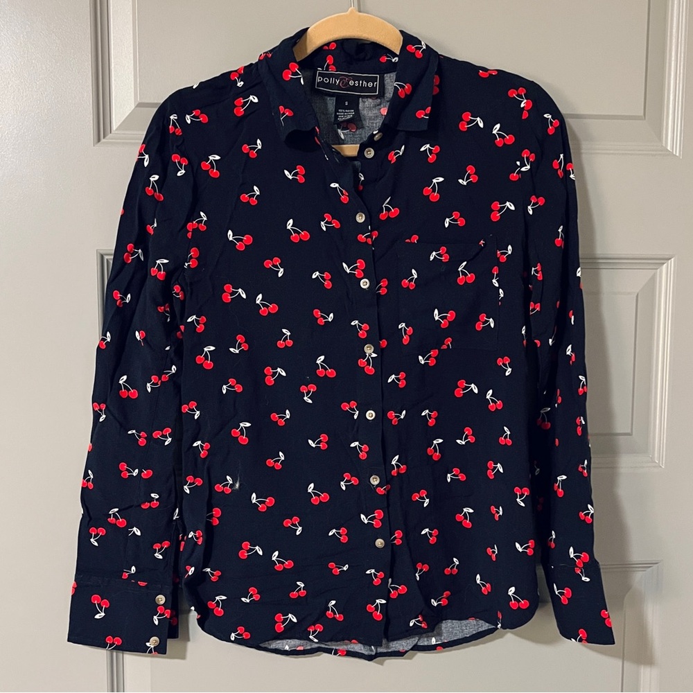 Polly & Esther Navy Cherry Pattern Long Sleeve Button Down Blouse Size Small